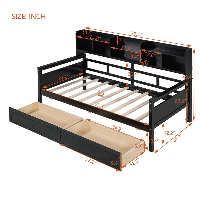 Twin Size Daybed with Wood Slat Support, Bedside Shelves, and Two Drawers in Espresso