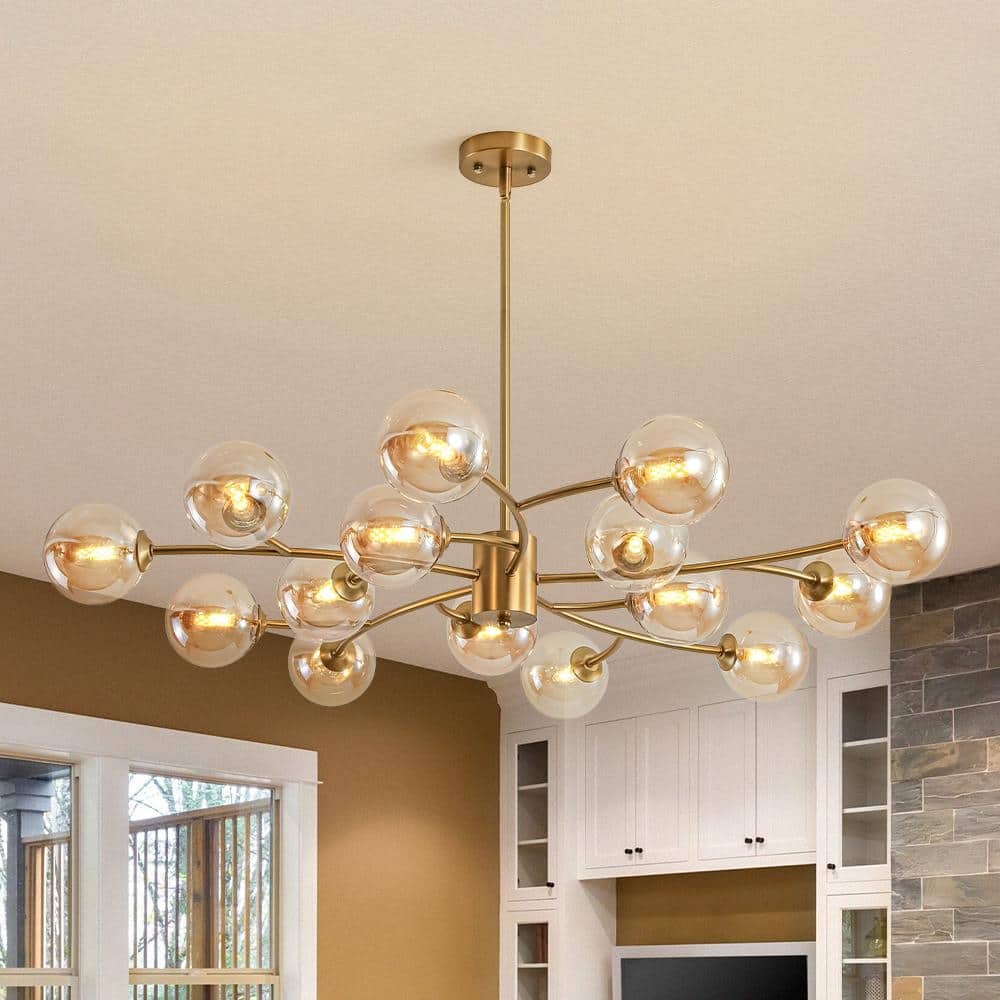 15-Light Spiral Branch Mid-century Amber Glass Chandelier - 43.3 in