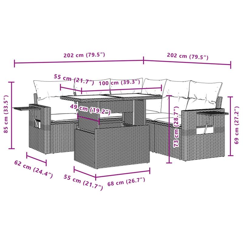 vidaXL Patio Sofa Set with Cushions Outdoor Furniture 6 Piece Poly Rattan