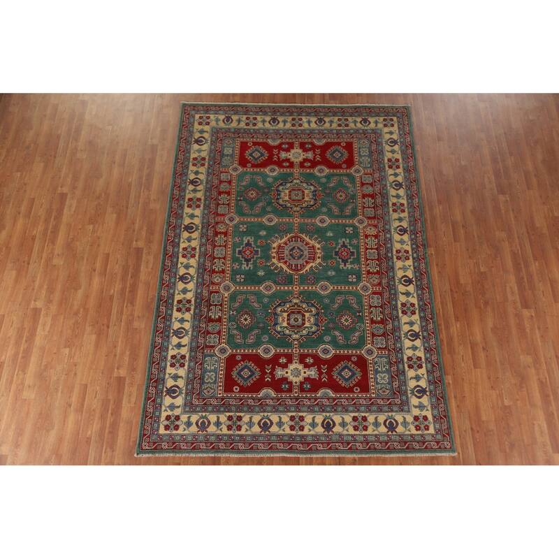 Hand Knotted Oriental 100% Wool Carpet Traditional Geometric Green Kazak Area Rug - 9' 9'' X 6' 7''