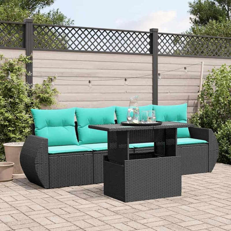 vidaXL Patio Sofa Set with Cushions and Table Outdoor 5 Piece Poly Rattan - 21.7 x 24.4 x 27.2 - Black without storage