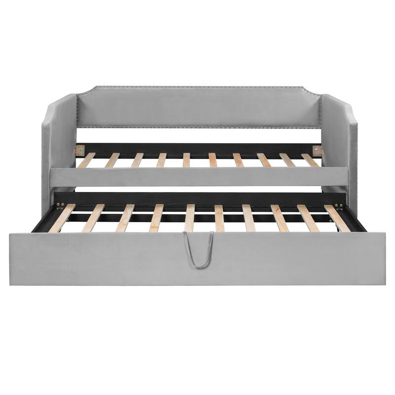 Upholstered Daybed Twin Size Daybed with Pull-Out Lift-Up Trundle and Nailhead Trim Armrest Velvet for Bedroom Apartment