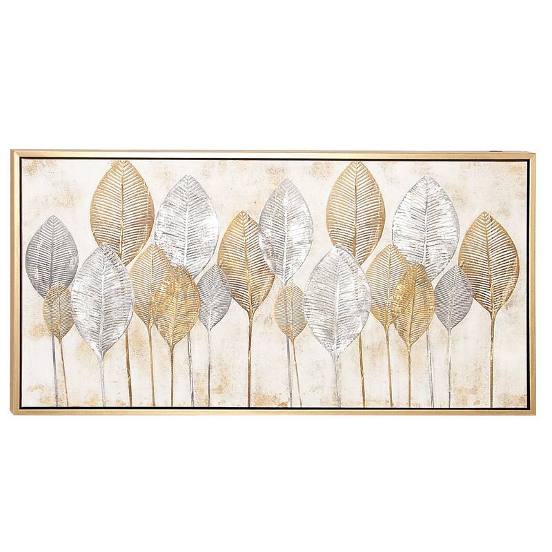 Canvas Leaf Framed Wall Art with Silver Accents and Gold Frame - Gold or White - CosmoLiving by Cosmopolitan - Gold - 55"W, 27"H