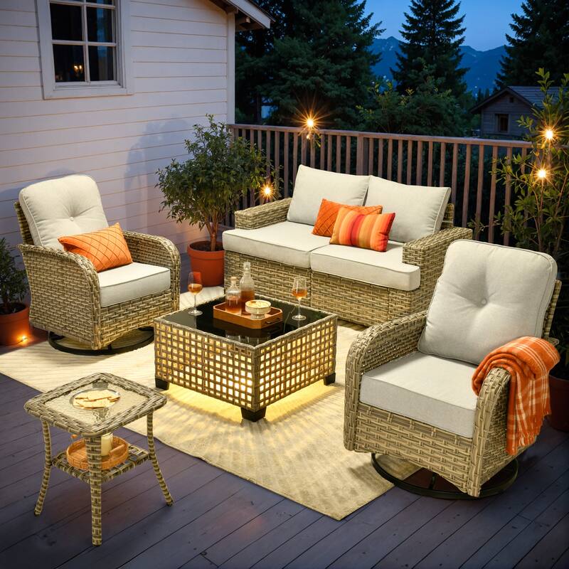 OVIOS 6 Pieces Wide Arm T shaped Seat Curved Swivel Chair Set With Solar-Powered Table - Grey