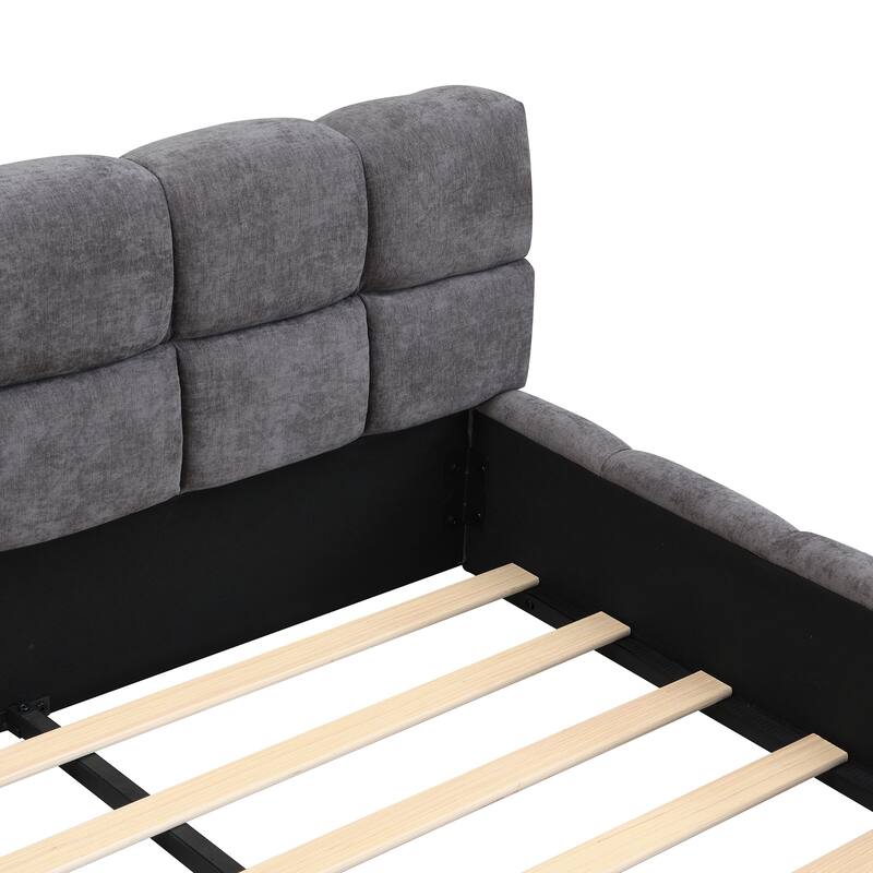 Elegant Chenille Checkerboard Grounding Bed Frame, Upholstered Platform Bed with Wood Slat Support, No Box Spring Needed