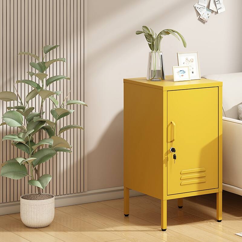 Single Door Lockable Metal End Table,Modern Minimalist Room Side Table with 2 Adjustable Shelf,Multi Storage Cabinet
