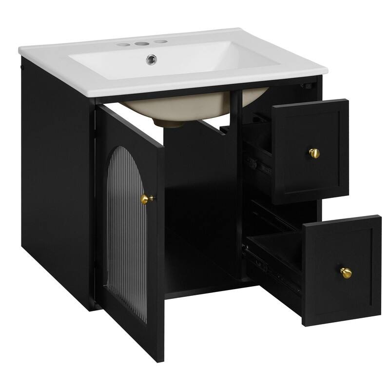 Wall Mounted 24" Bathroom Vanity Set with Ceramic Sink, Small Storage Bathroom Cabinet with 2 Drawers