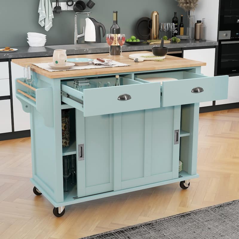 Kitchen Island with Drop-Leaf Countertop, Rolling Kitchen Cart on Wheels, Storage Trolley with 2 Drawers & 2 Sliding Doors - Mint Green