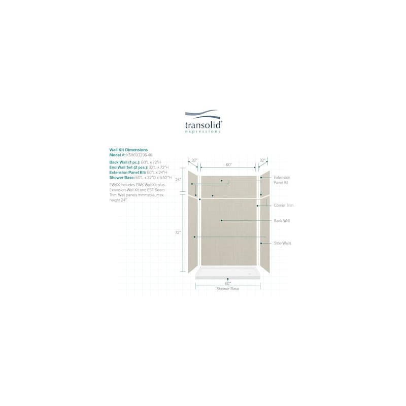 Transolid Expressions 60-in X 32-in X 96-in Glue to Wall Shower Kit - 32" x 60" x 96"