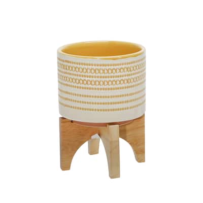 Ceramic 5" Planter On Stand With Dots, Yellow, Round, 7"H, Aztec - 5.25" x 5.25" x 7"