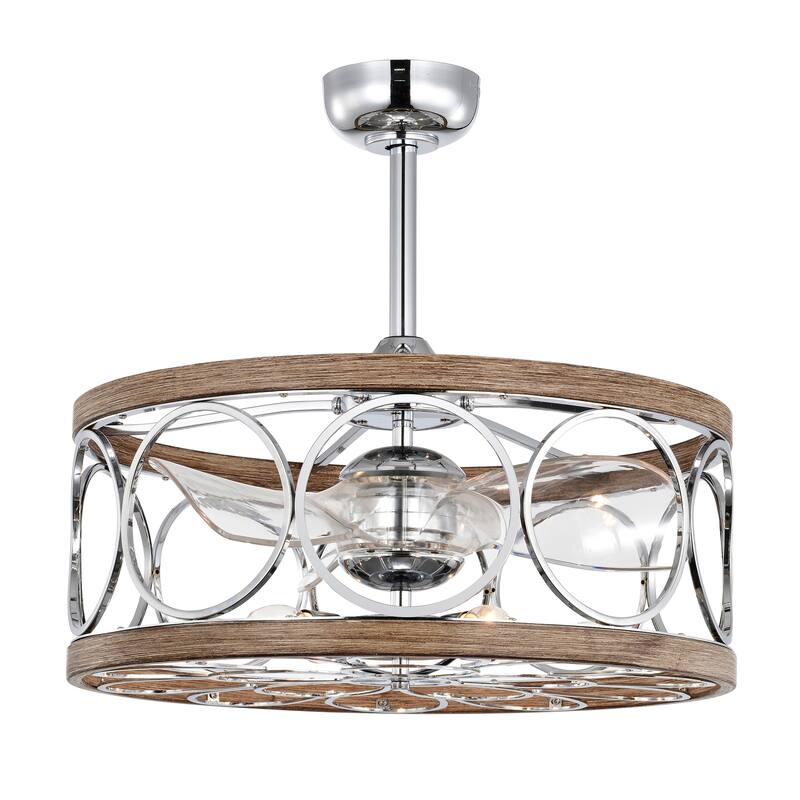 24-inch Chrome and Faux Wood 6 Lights 3 Blades Lighted Ceiling Fan with Remote