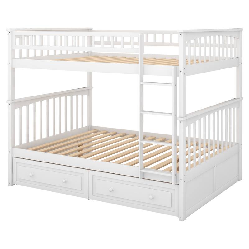 Convertible Full Bunk Bed with Drawers, White, Pine Wood & MDF