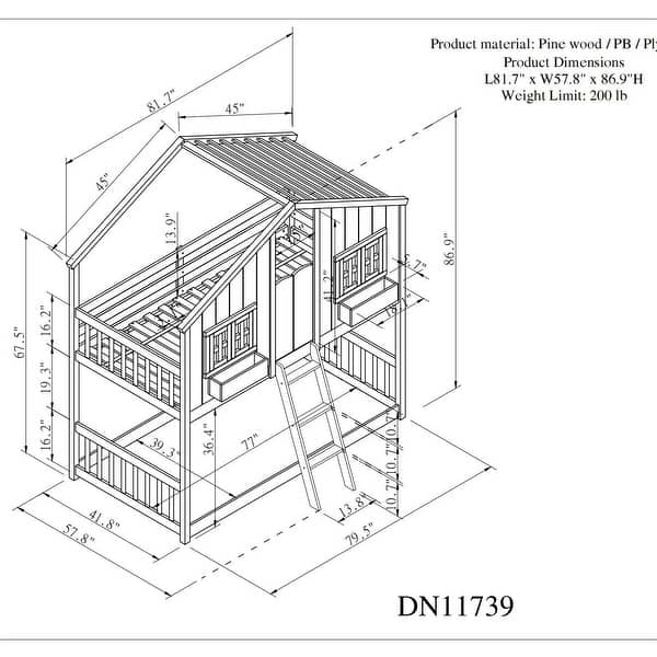 dimension image slide 0 of 2, Modern Twin over Twin Bunk Bed With Roof ,Window,Window Box,Door,Guardrails And Ladder for Bedroom
