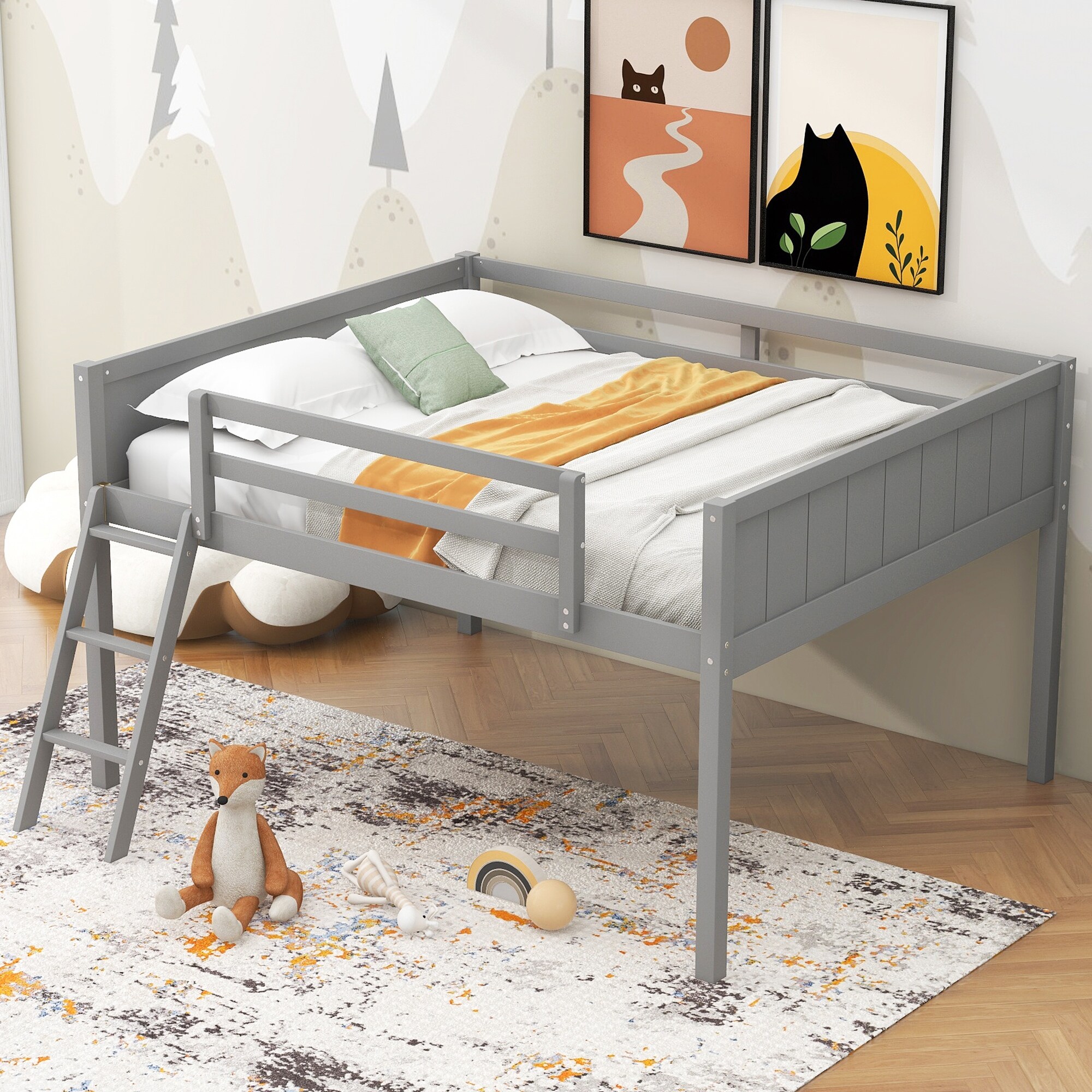 Wood Low Loft Bed Frame with Convertible Ladder, Ladder Can Be Placed on The Left or Right, for Kids Boys Girls Teens