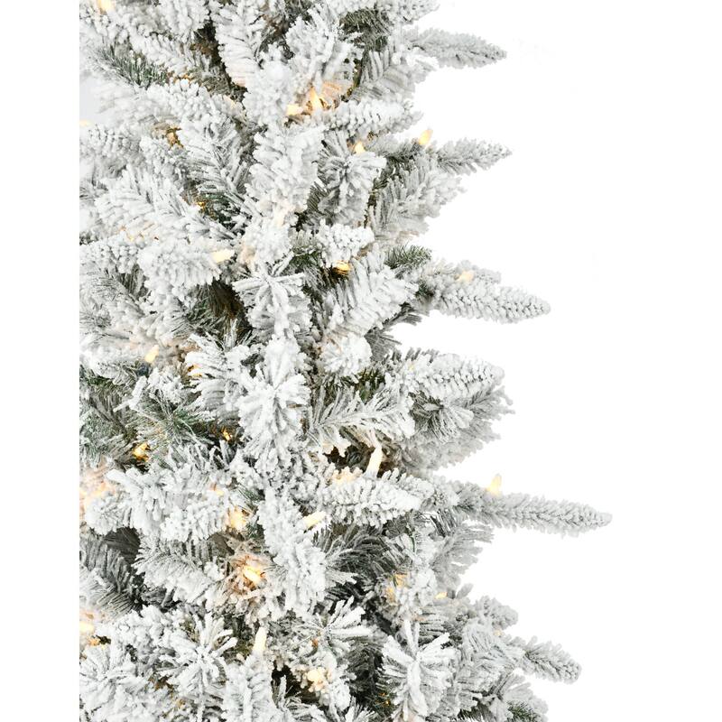 Fraser Hill Farm 7.5-Ft. Slim Mountain Pine Flocked Christmas Tree with Warm White LED Lights