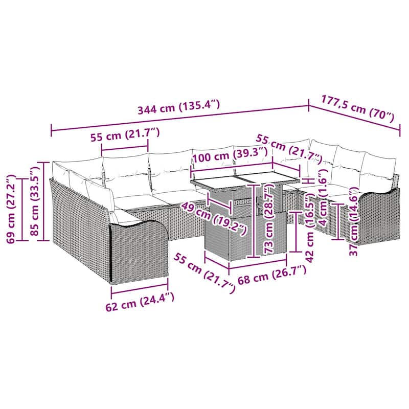 vidaXL 11 Piece Garden Sofa Set with Cushions Black Poly Rattan - 135.4×70×27.2