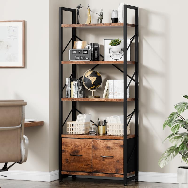 5-Tier Wood Storage Bookshelf with Anti-tipping & Drawers - Brown/2 Drawers