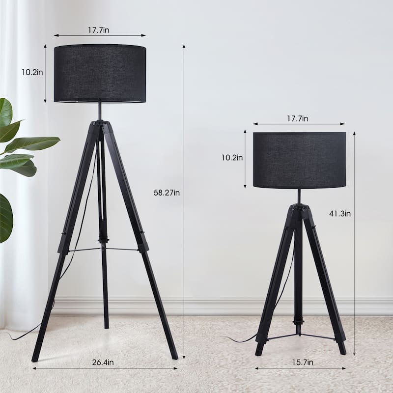 58 in. Modern Tripod Floor Lamp with Rubberwood Base and Linen KD Lampshade, Adjustable Height for Bedroom, Living Room