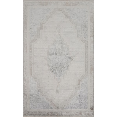 Machine Made Oriental Polyester Carpet Medallion Beige & Ivories Distressed Area Rug - 7' 5'' X 5' 2''