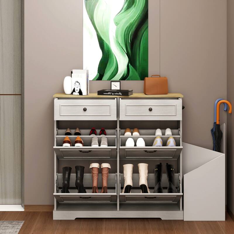 Antique White Slim Shoe Storage Cabinet – Freestanding Organizer with 2 Drawers, 4 Flip-Up Compartments, and Adjustable Shelf