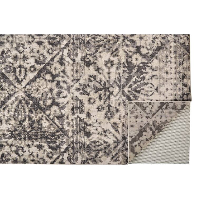 Kiba Distressed Medallion Diamond Rug, Ivory/Gray, Area Rug