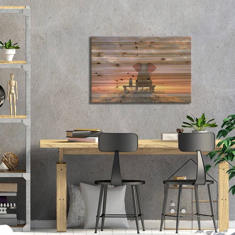 Elephant And Dog Watch The Sunrise On The Seashore Print On Wood by Mike Kiev - Multi-Color