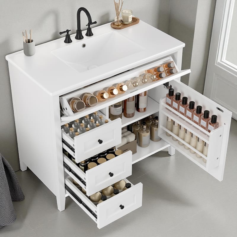 36-Inch Bathroom Vanity with Sink, MDF and Solid Wood Cabinet, 3 Drawers and Adjustable Shelf, Freestanding Design