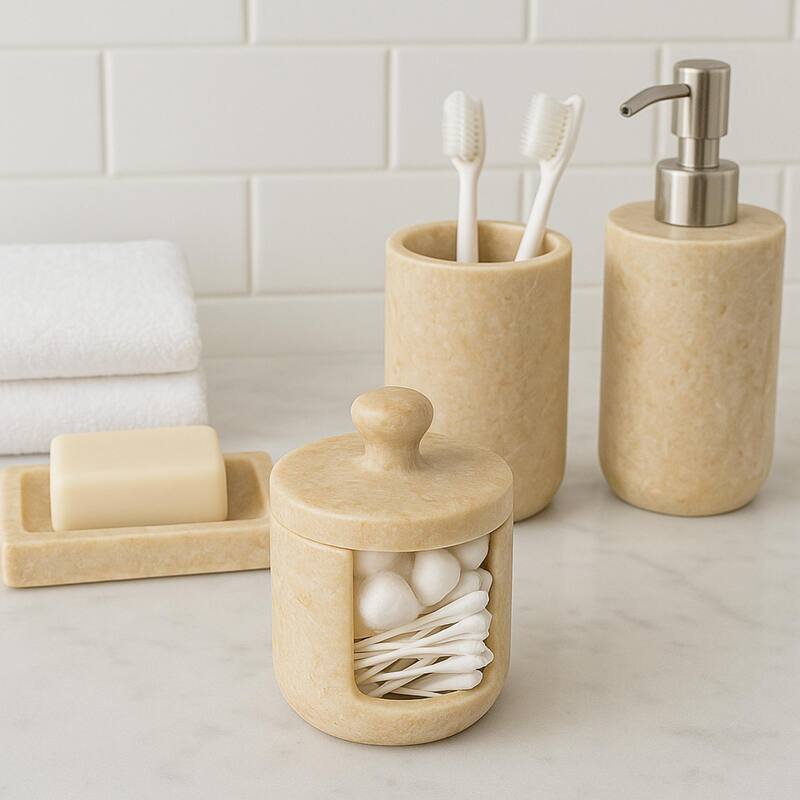 Creative Home Notch Collection Champagne Marble Cotton Ball Swab Holder, Bathroom Storage Jar - Beige
