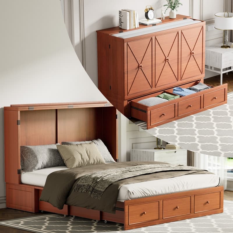 Mixoy Murphy Bed with Foldable Mattress,Modern Cube Cabinet Bed with Storage Drawer & USB Charging Station - Cherry