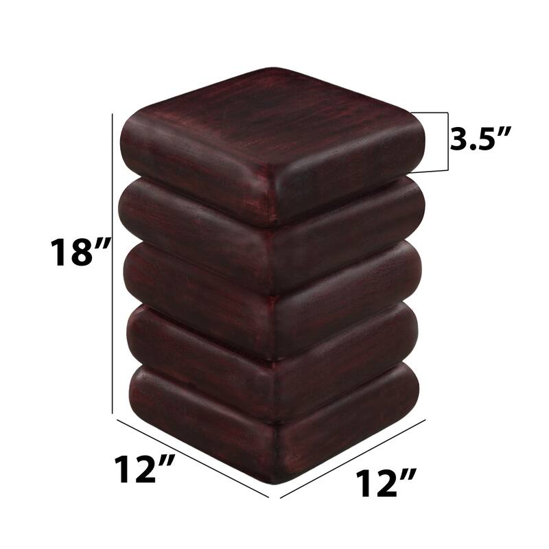 Zyra 18" Side End Table | Sculptural Stacked Design | Dark Cherry Brown Acacia Wood