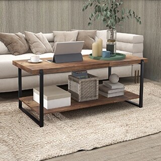 2 Tier Rustic Wooden Coffee Table with Storage - Walnut - Bed Bath ...