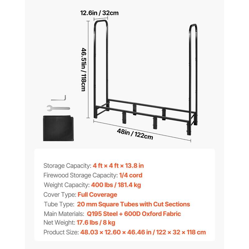 Black Steel Firewood Storage Rack with Full Coverage 600D Oxford Fabric Protective Cover - 48.03 × 12.60 × 46.46 in