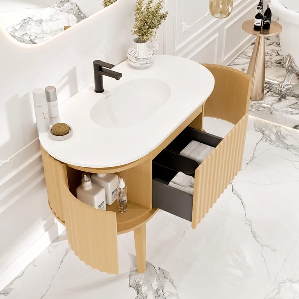 Eviva Iris 35 in. W. x 22 in. D x 33.5 in. H Oak Freestanding Bathroom Vanity with White Solid Surface Integrated Sink Top