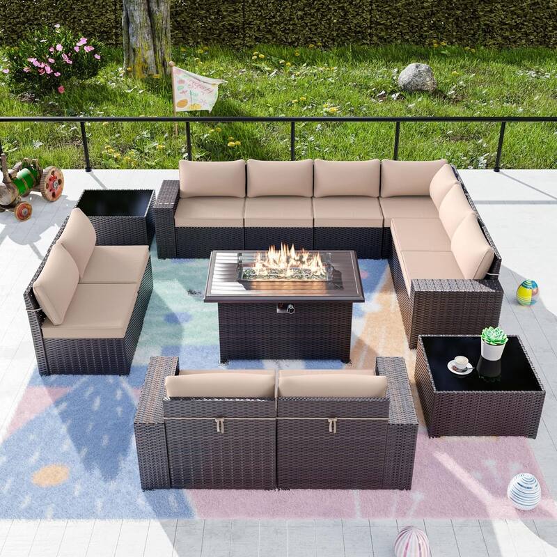 Delnavik 13 Pieces Outdoor Patio Furniture Set with Fire Pit Table w/ Wide Armrests