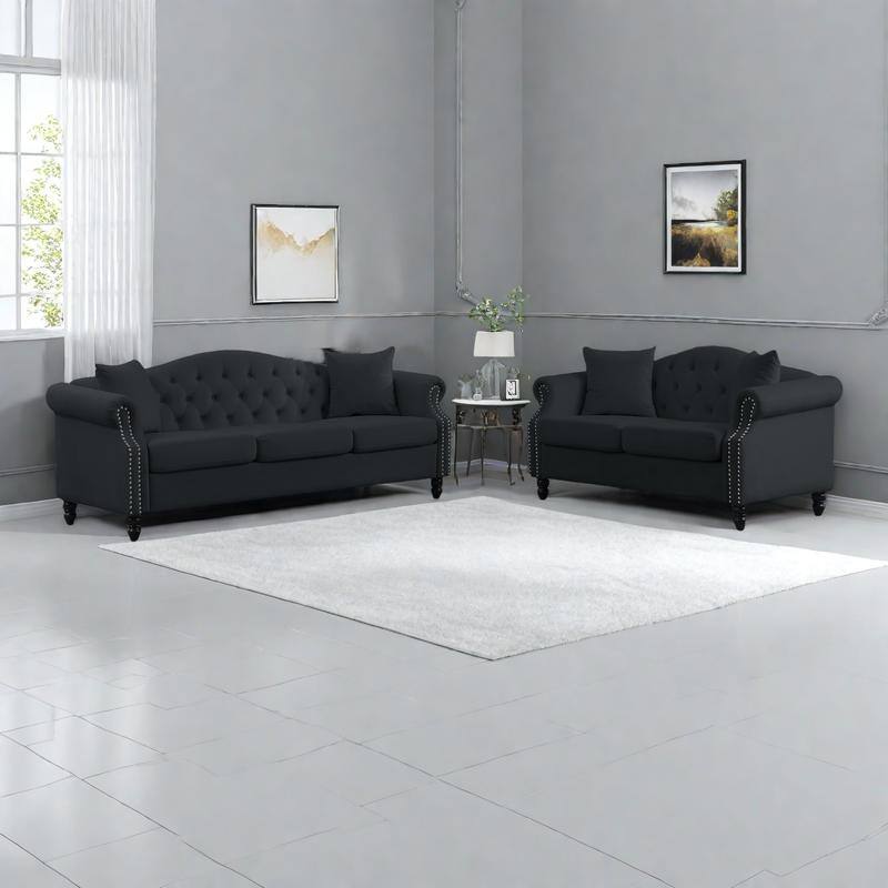 2-Pieces Chesterfield Velvet 3+2-Seater Combination Sofa Set with Nailhead Trim, Tufted Low Back, and Removable Cushions