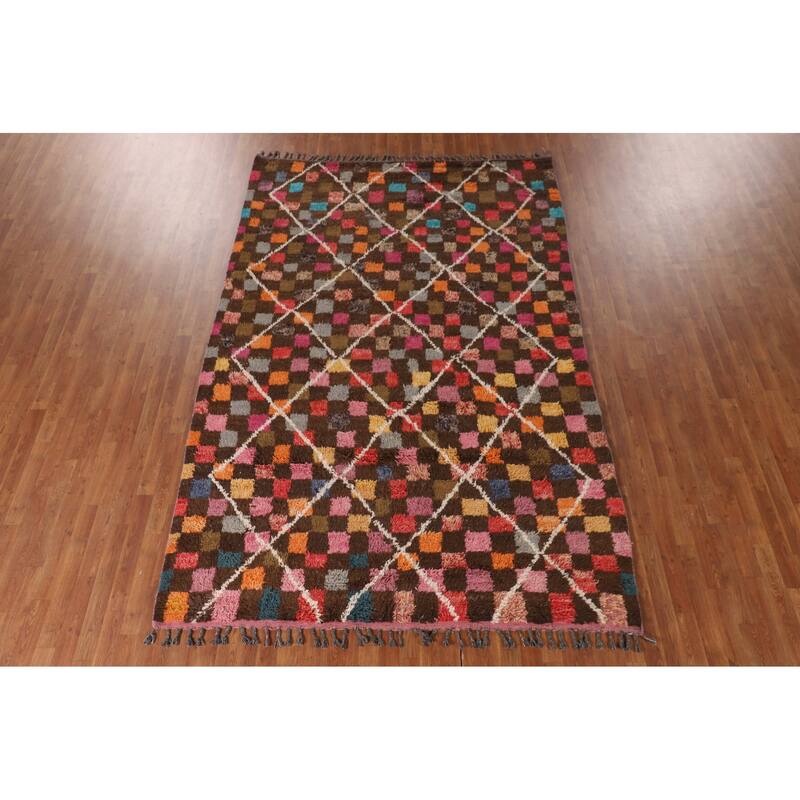 Checkered Moroccan Oriental Area Rug Handmade Wool Carpet - 6'10" x 10'6"