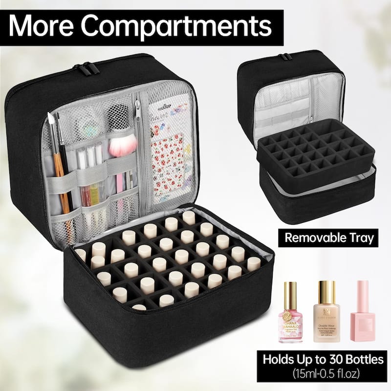 Double-Layer Nail Polish Organizer Bag, Holds 27 Bottles, Nail Tools & Dryer Storage Case with Adjustable Dividers