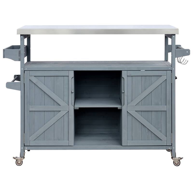 Wood Rolling Kitchen Island with Stainless Steel Top,Towel Rack