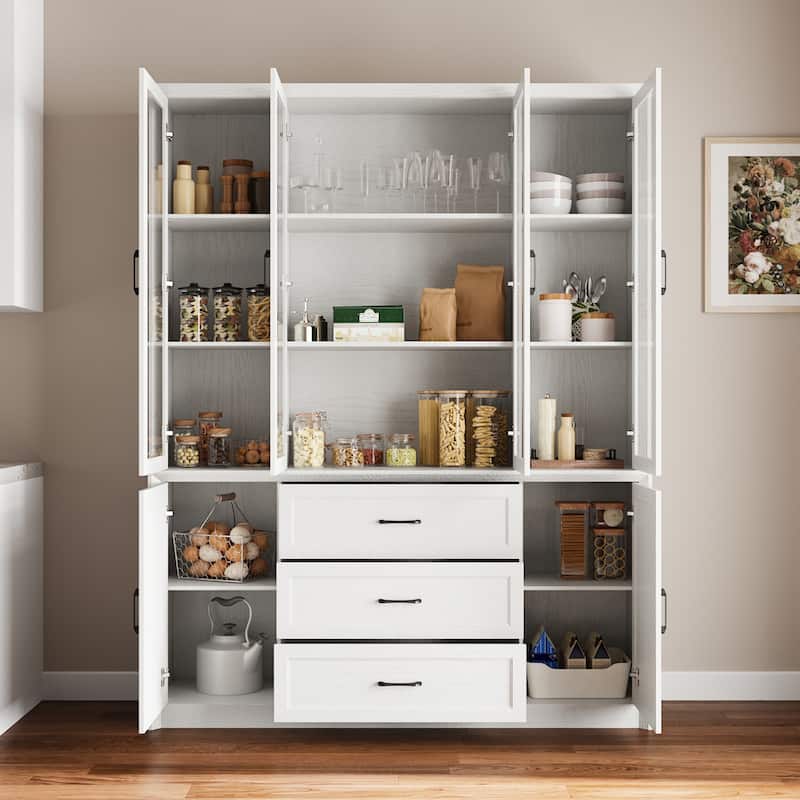 61.8" W Kitchen Pantry Cabinet, Freestanding Cupboard with Glass Doors