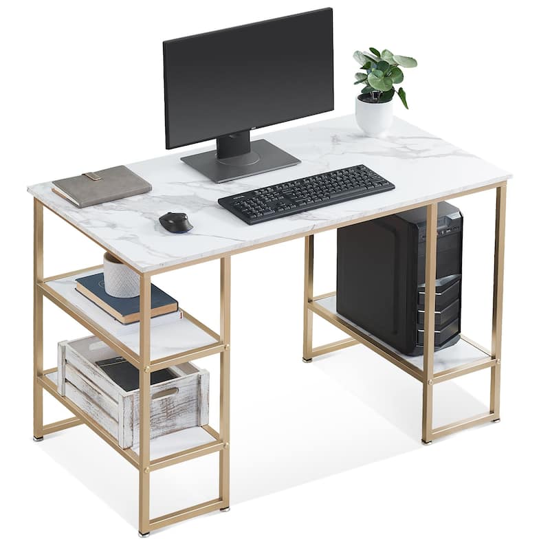 MCombo Computer Gaming Desk Office Desk with 3-Tier Shelves, Marble Finish - Golden White