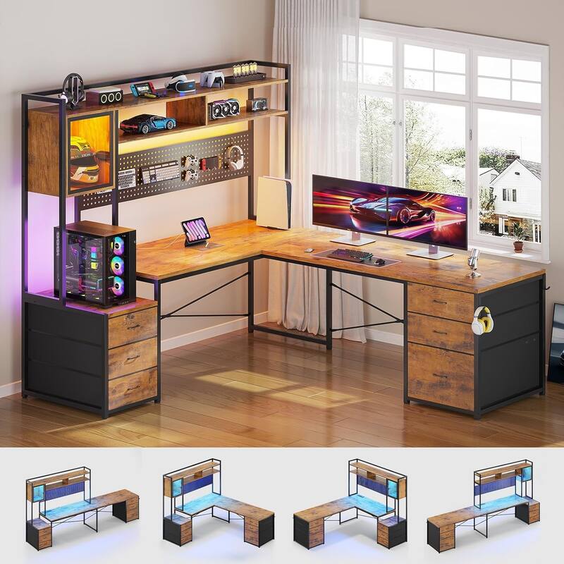 L Shaped Gaming Desk 6 Drawers Reversible Computer Corner Desk - Brown