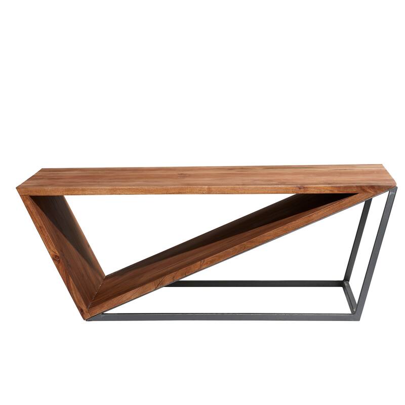 Brown Wood Diagonal Open Frame Living Room Coffee Table with Gray Metal Base