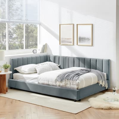 Velvet Upholstered Tufted Daybed, Full Size Sofa Bed, L-shape Wingback Corner Bed Frame with Wooden Slats Metal Legs Supports