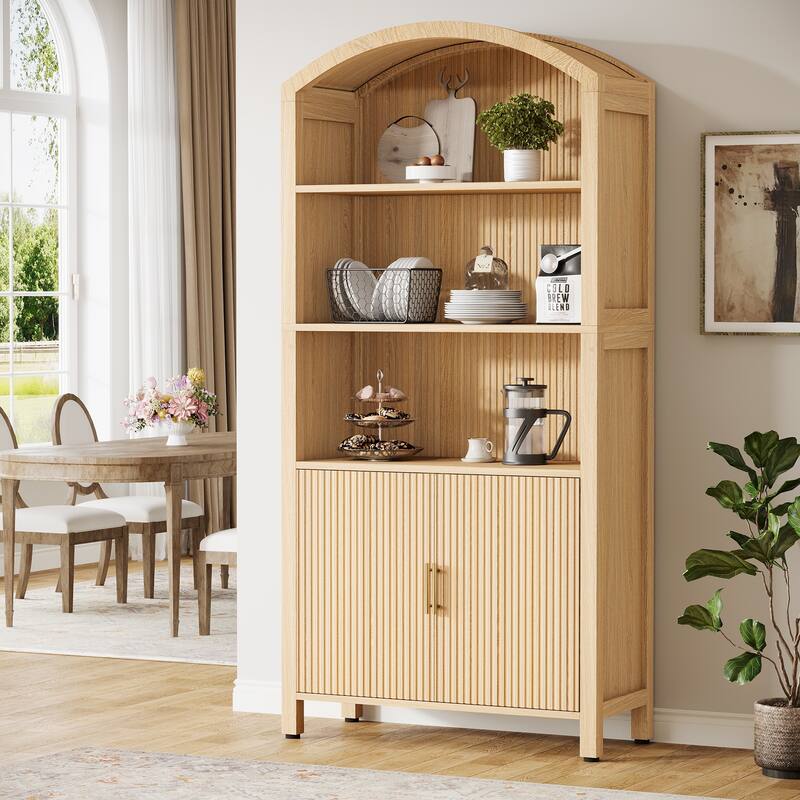 71" Tall Arched Kitchen Pantry Cabinet with Doors - Natural Wood
