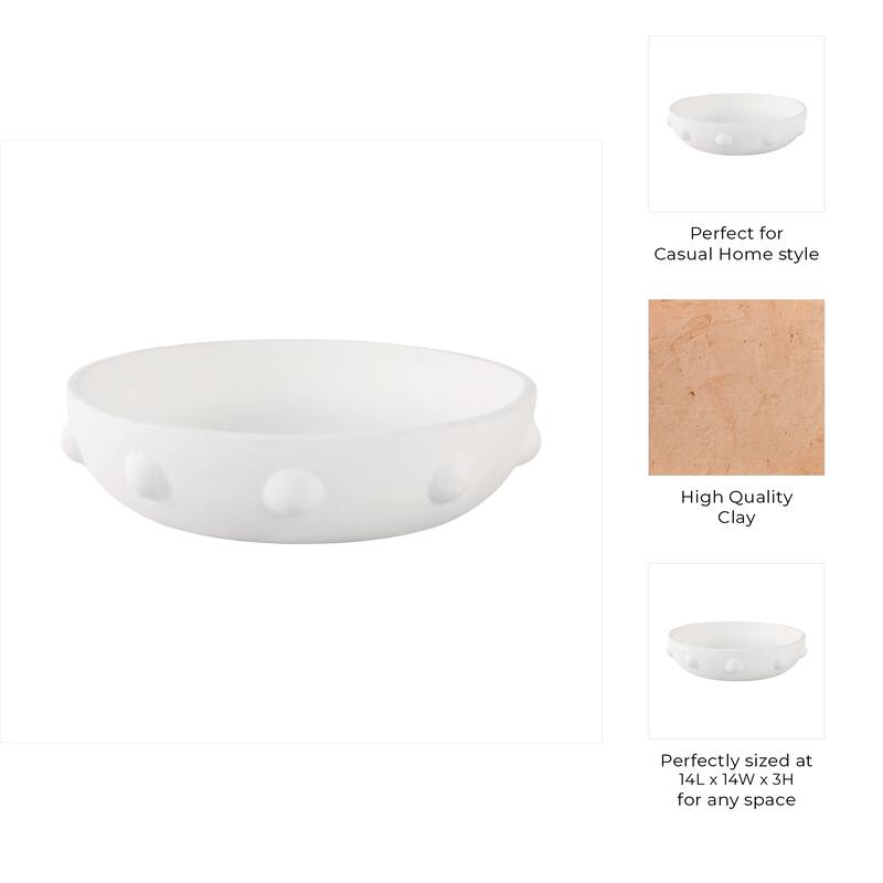 Pottery Clay Bowl Raised Dot-Textured Accents for Home - 14" White - 14" x 14" x 3.75"
