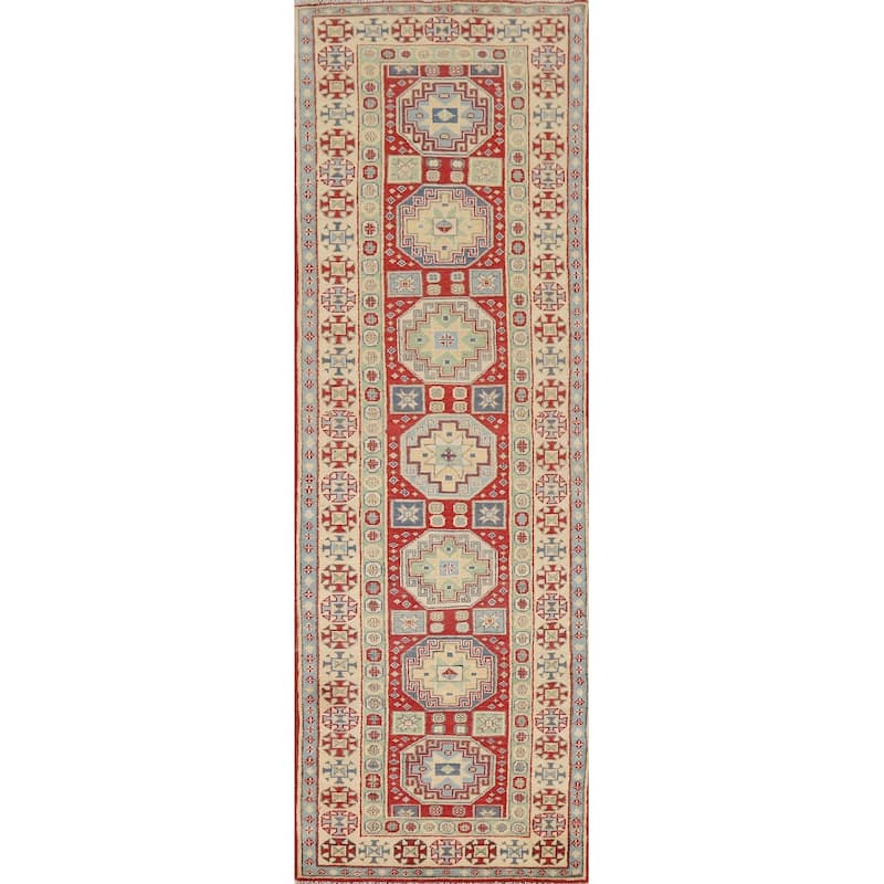 Red Kazak Runner Rug Hand-Knotted Oriental Wool Carpet - 2'7" x 9'8"