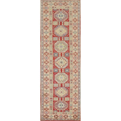 Red Kazak Runner Rug Hand-Knotted Oriental Wool Carpet - 2'7" x 9'8"