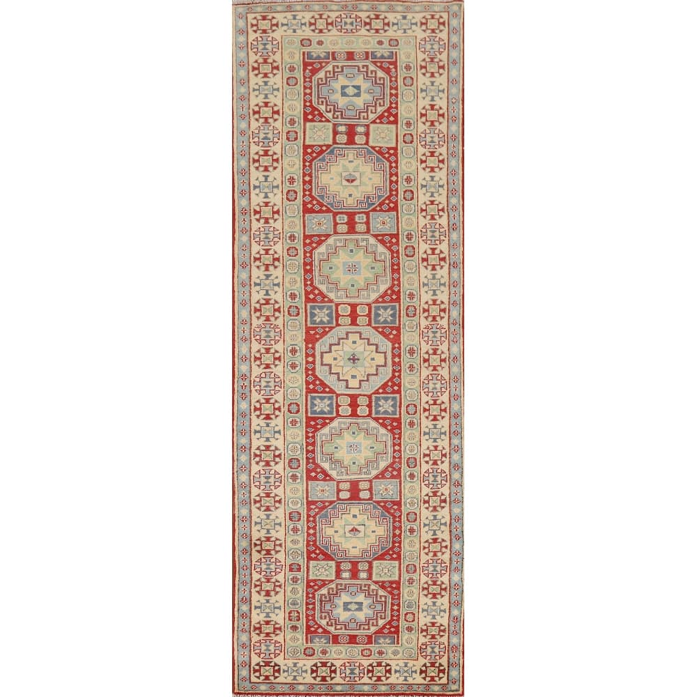 Red Kazak Runner Rug Hand-Knotted Oriental Wool Carpet - 2'7" x 9'8"