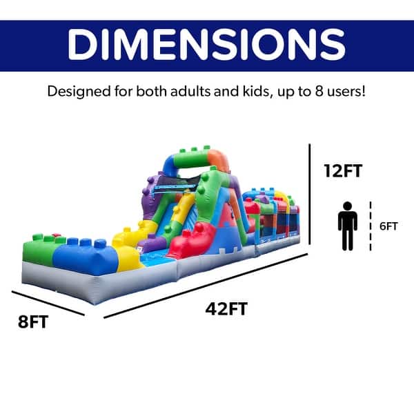 HeroKiddo 42' Block Party Inflatable Obstacle Course Water Slide Combo with Air Blower, Commercial Grade, Kids Outdoor Play