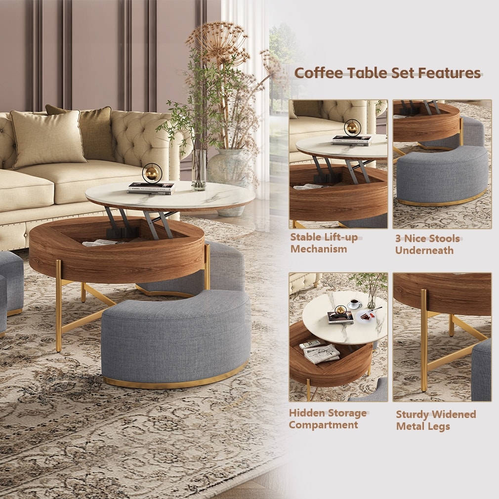 Lift-Top Round Coffee Table with Hidden Storage, Sintered Stone Tabletop,  and Stools Included 31'5